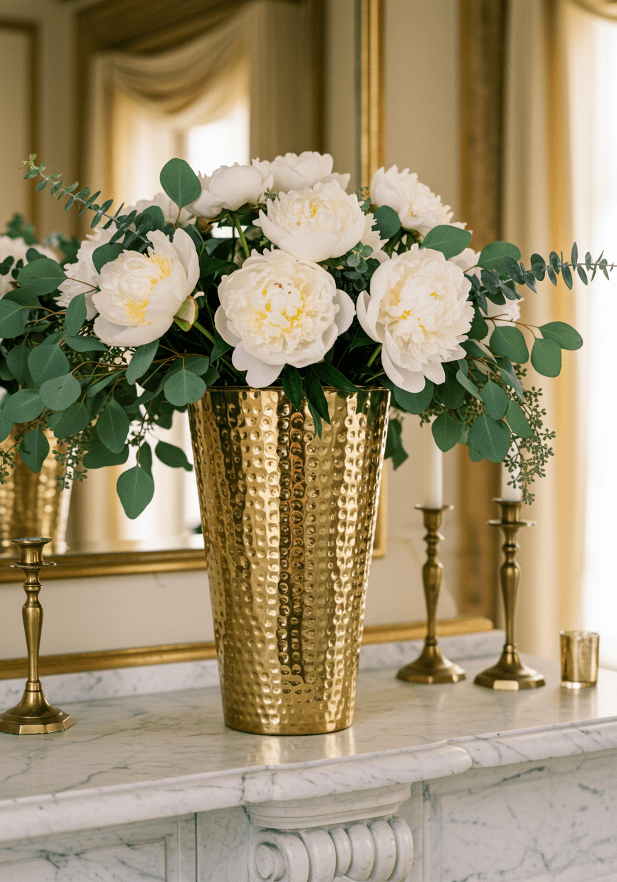 Stunning hammered gold textured vase filled with white peonies and eucalyptus positioned on Carrara marble mantelpiece at golden hour