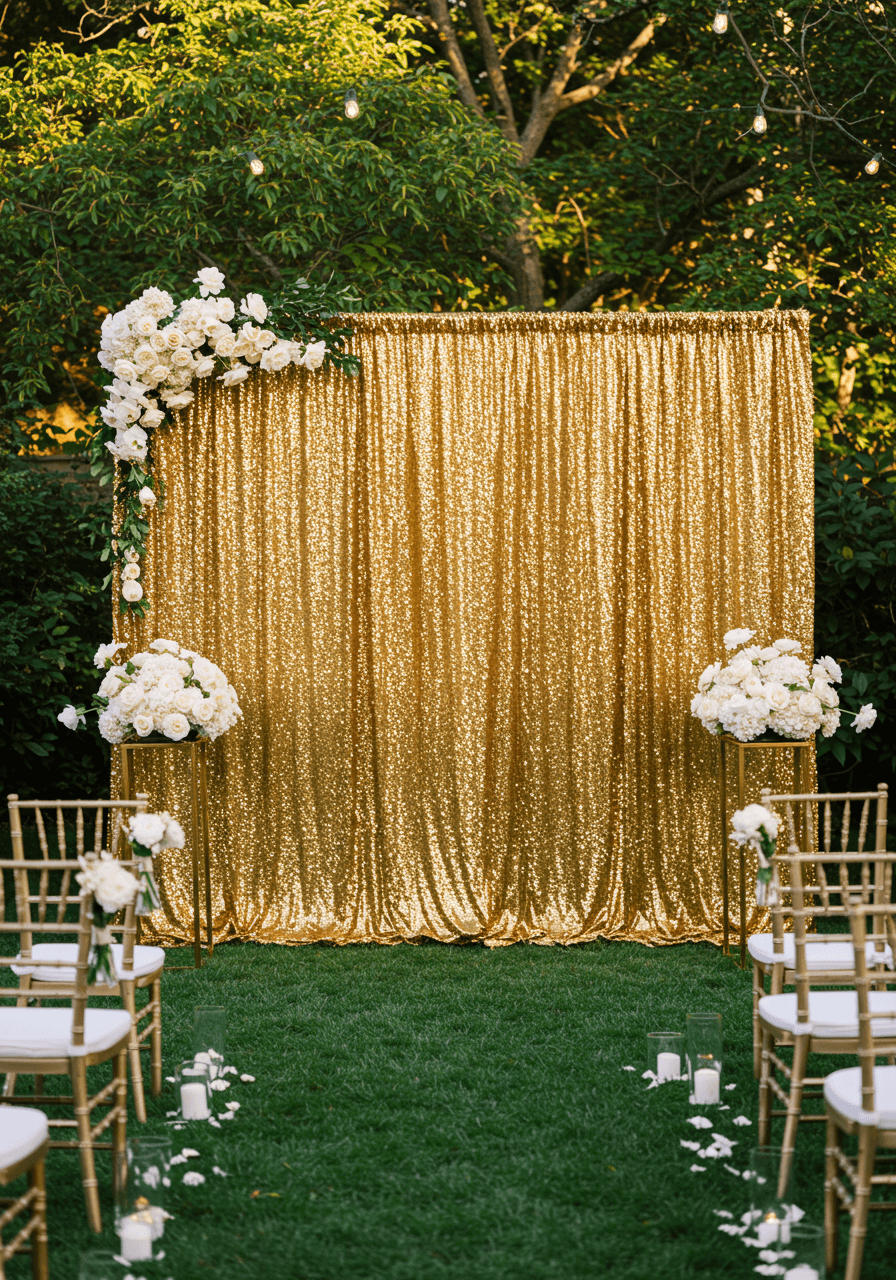 Shimmering gold sequined backdrop wall with metallic fringe panels behind outdoor garden wedding ceremony at golden hour