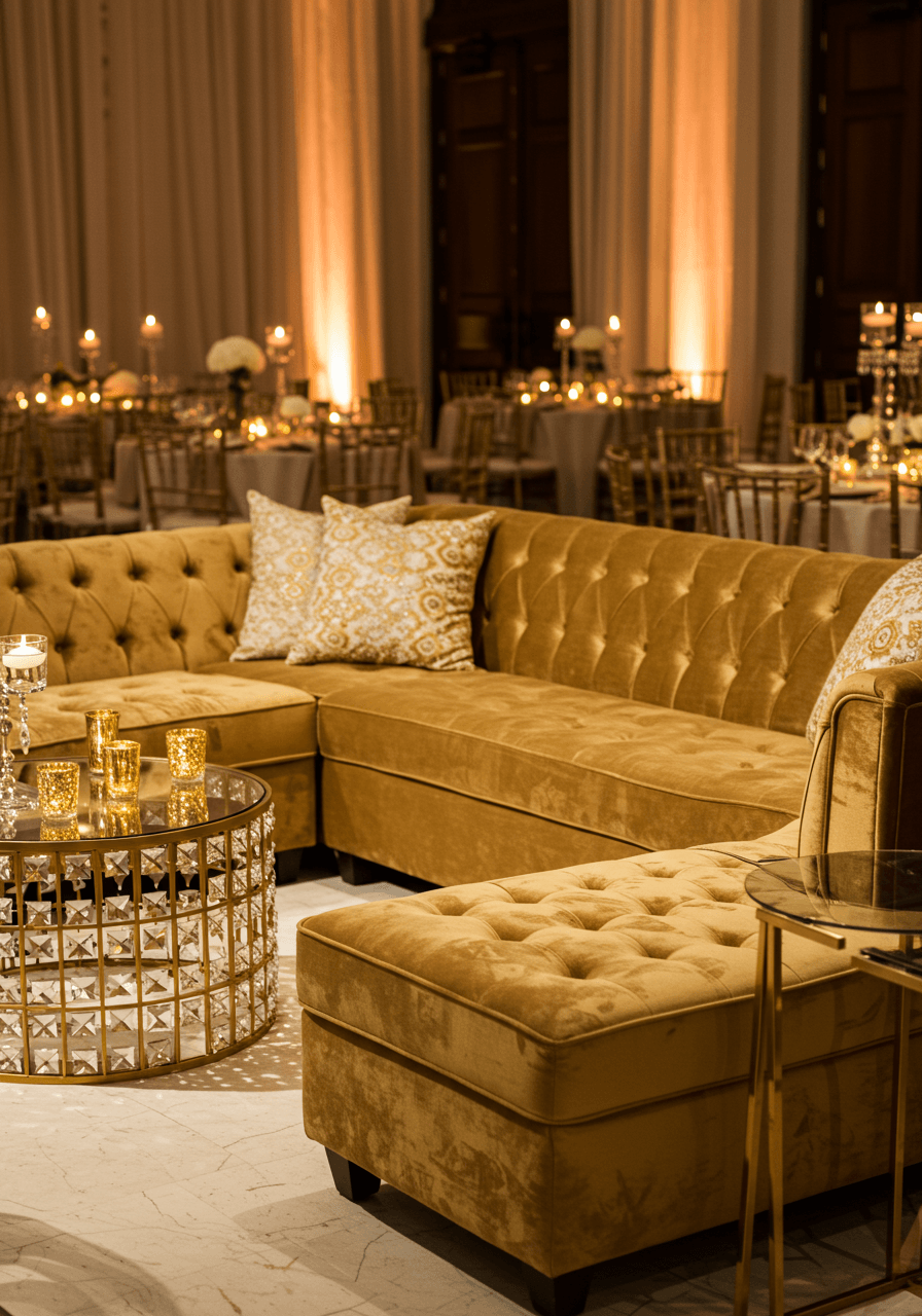 Sophisticated gold velvet sectional sofa with champagne throw pillows and metallic gold coffee table in elegant wedding reception lounge at golden hour