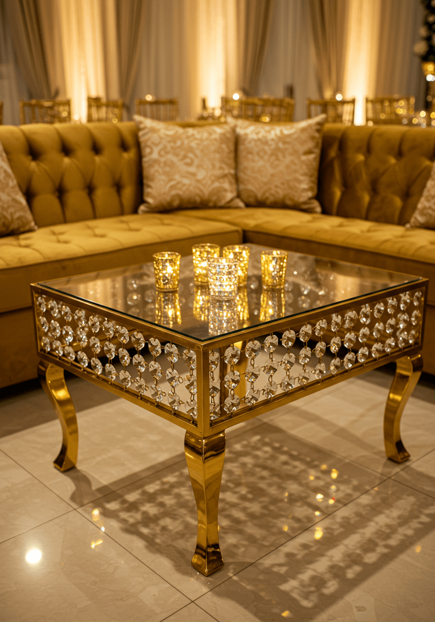 Close-up of polished brass coffee table legs with crystal candelabras and cream marble flooring in luxury lounge area
