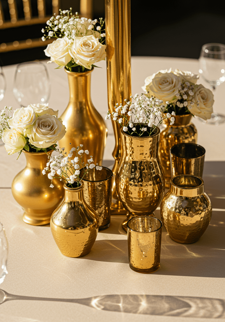 Ornate collection of varying-sized gold vessels and vases in brushed hammered and mirror finishes arranged as centerpiece on reception table