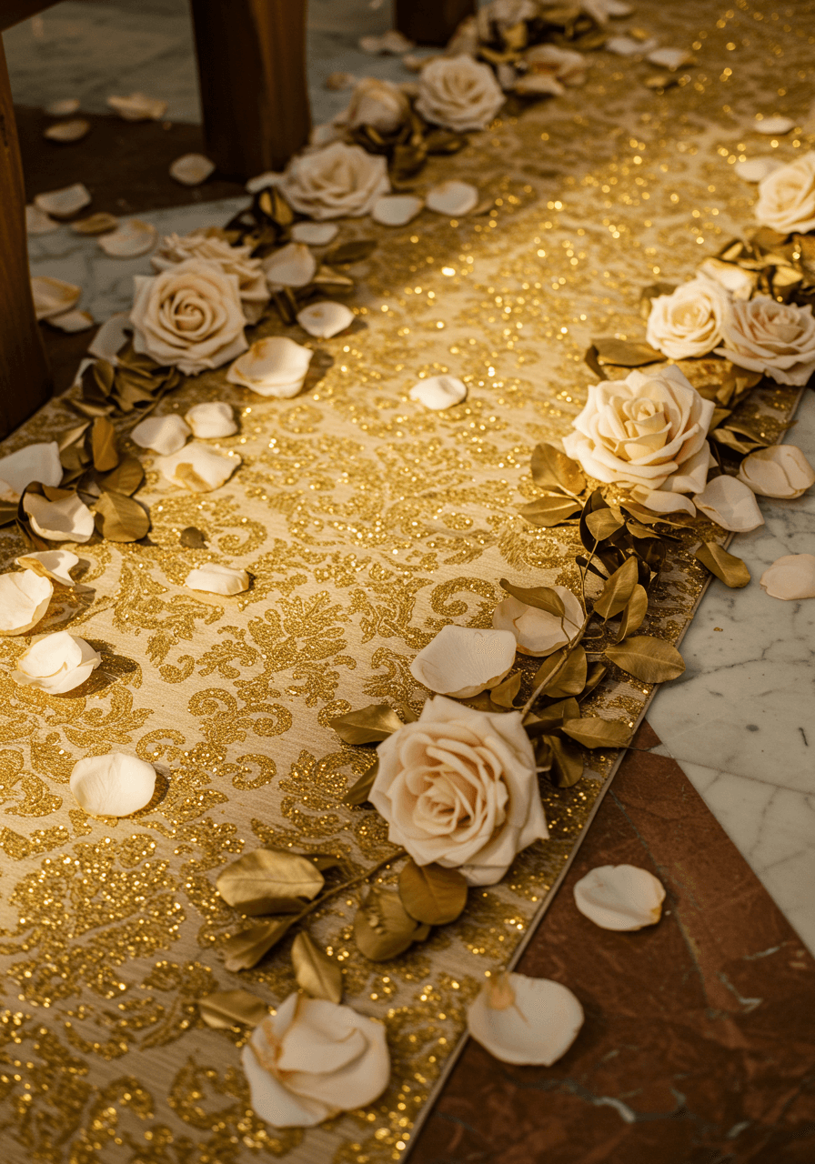 Overhead view of ornate golden aisle runner with intricate damask patterns adorned with scattered gold and cream rose petals and gilded leaves