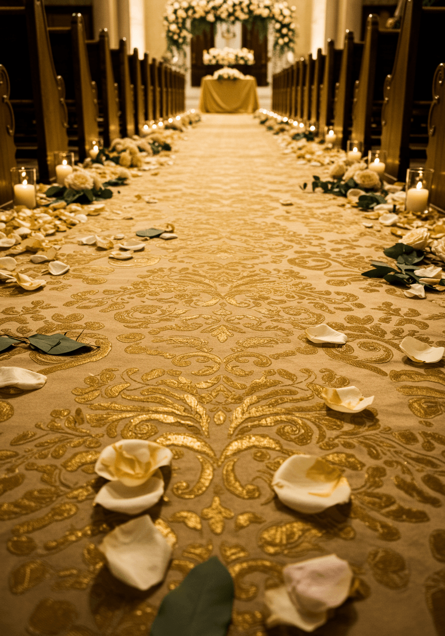 Wide perspective of decorative gold brocade fabric aisle runner with fresh rose petals and gold-dusted eucalyptus on marble flooring