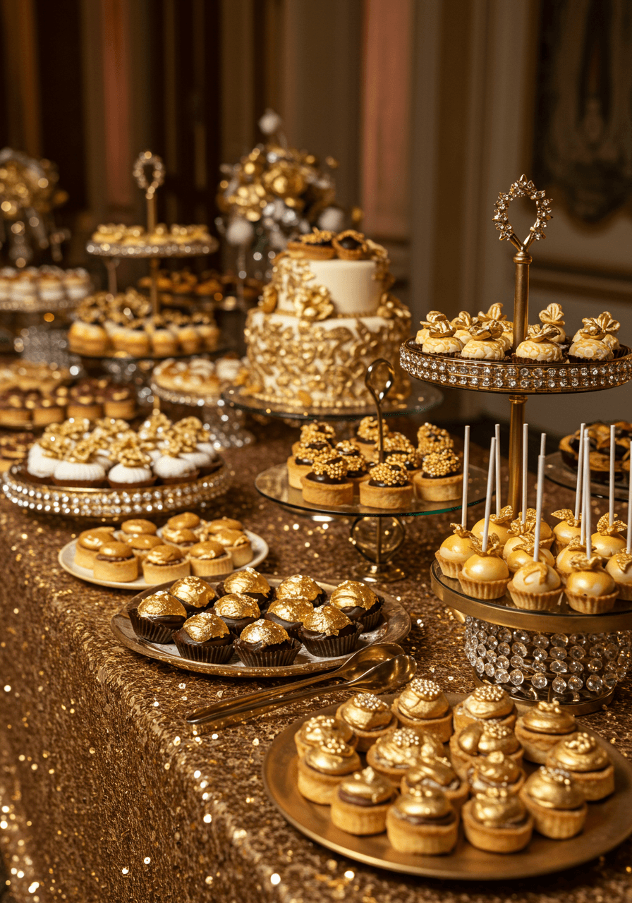 Elaborate dessert buffet table draped in shimmering gold sequined linens displaying gold-dusted pastries chocolates and confections in luxurious ballroom