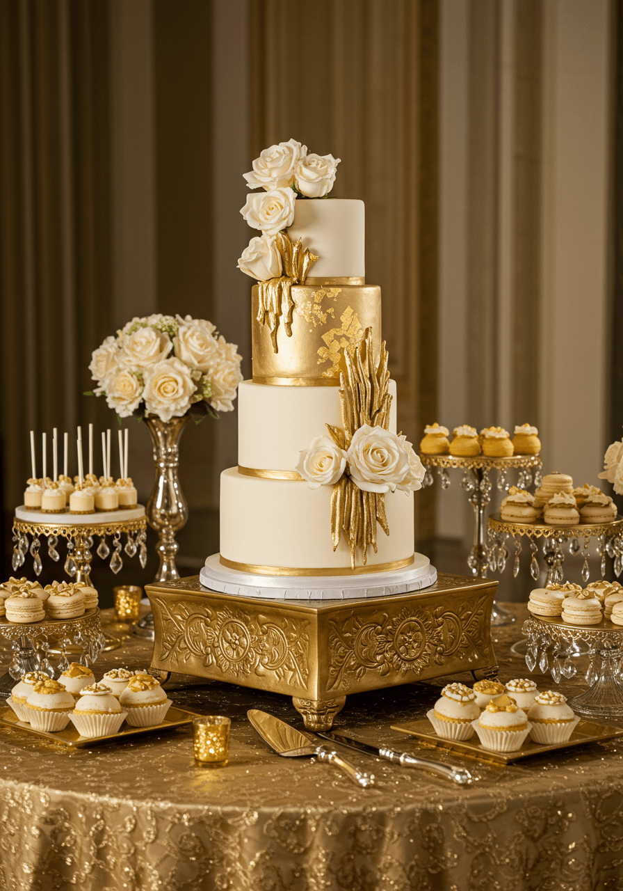 Three-tiered wedding cake adorned with cascading edible gold leaf and metallic fondant details on ornate gold pedestal surrounded by dessert displays at golden hour