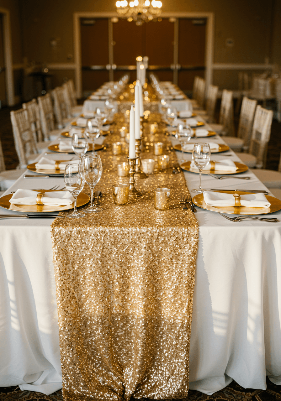 Shimmering gold sequined table runner on white linen with gold-rimmed charger plates and crystal stemware in upscale ballroom