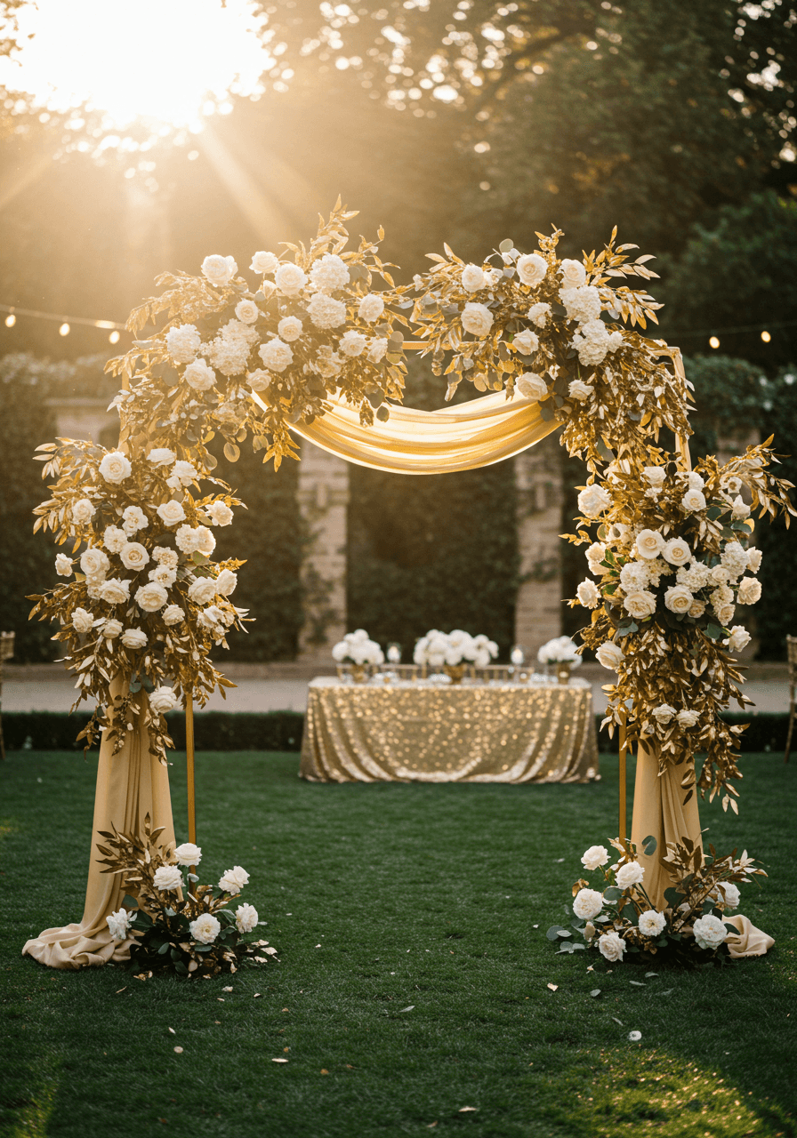 Stunning gold fabric draped wedding arch decorated with cascading white roses and golden eucalyptus in garden courtyard at golden hour