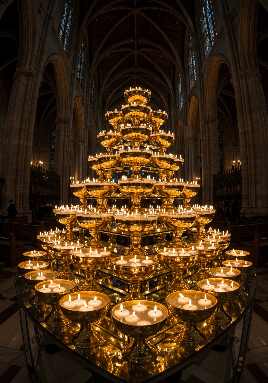 Wide angle of cascading floating candles in polished gold vessels creating pools of warm light on mirrored surface