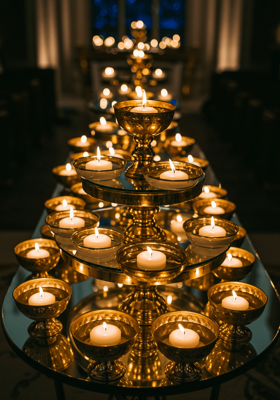 Elaborate tiered floating candle arrangement in ornate gold bowls on mirrored cathedral altar table at twilight