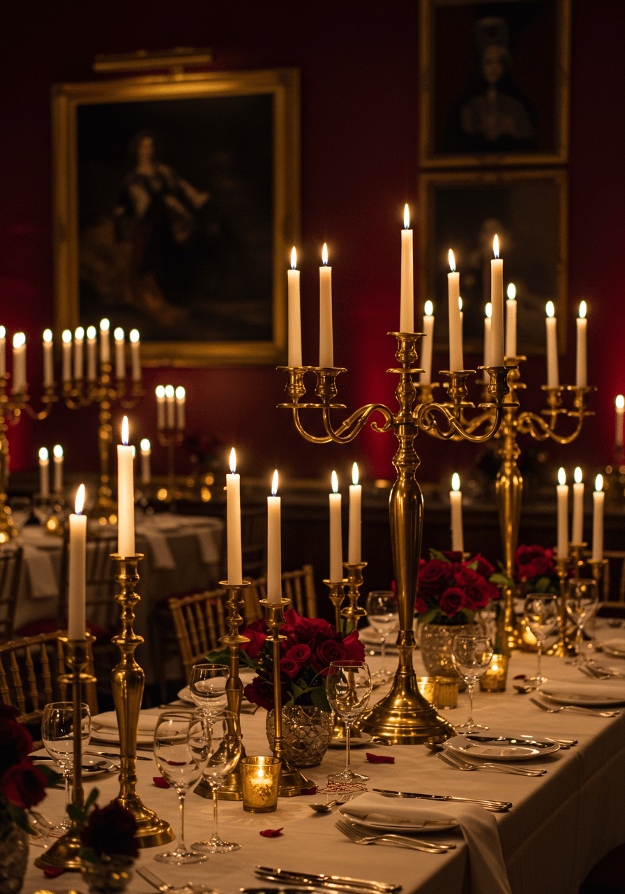 Ornate gilded brass candelabras with ivory pillar candles creating romantic ambient lighting on elegant dining table