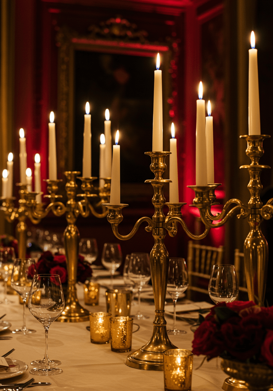 Close-up of antique gold candelabra with flickering candles and deep red rose accents in intimate reception setting