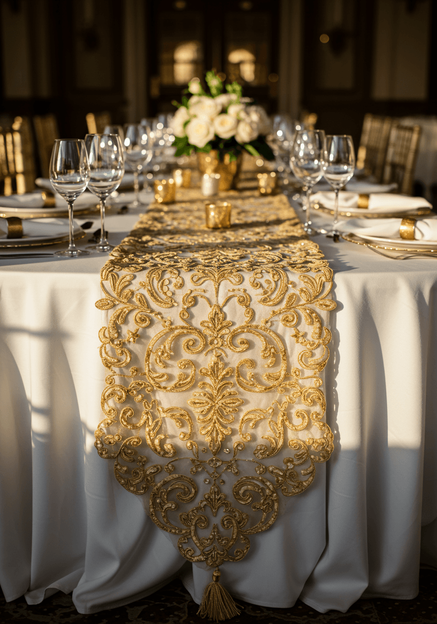 Luxurious gold embroidered table runner with intricate metallic patterns cascading down white linen reception table