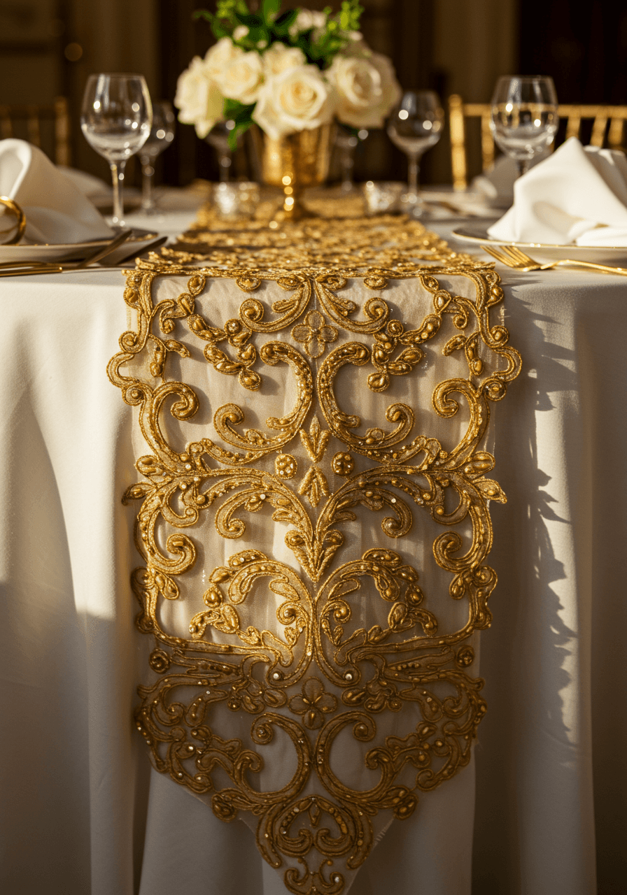 Macro close-up of ornate gold metallic embroidery and threading on champagne wedding table runner