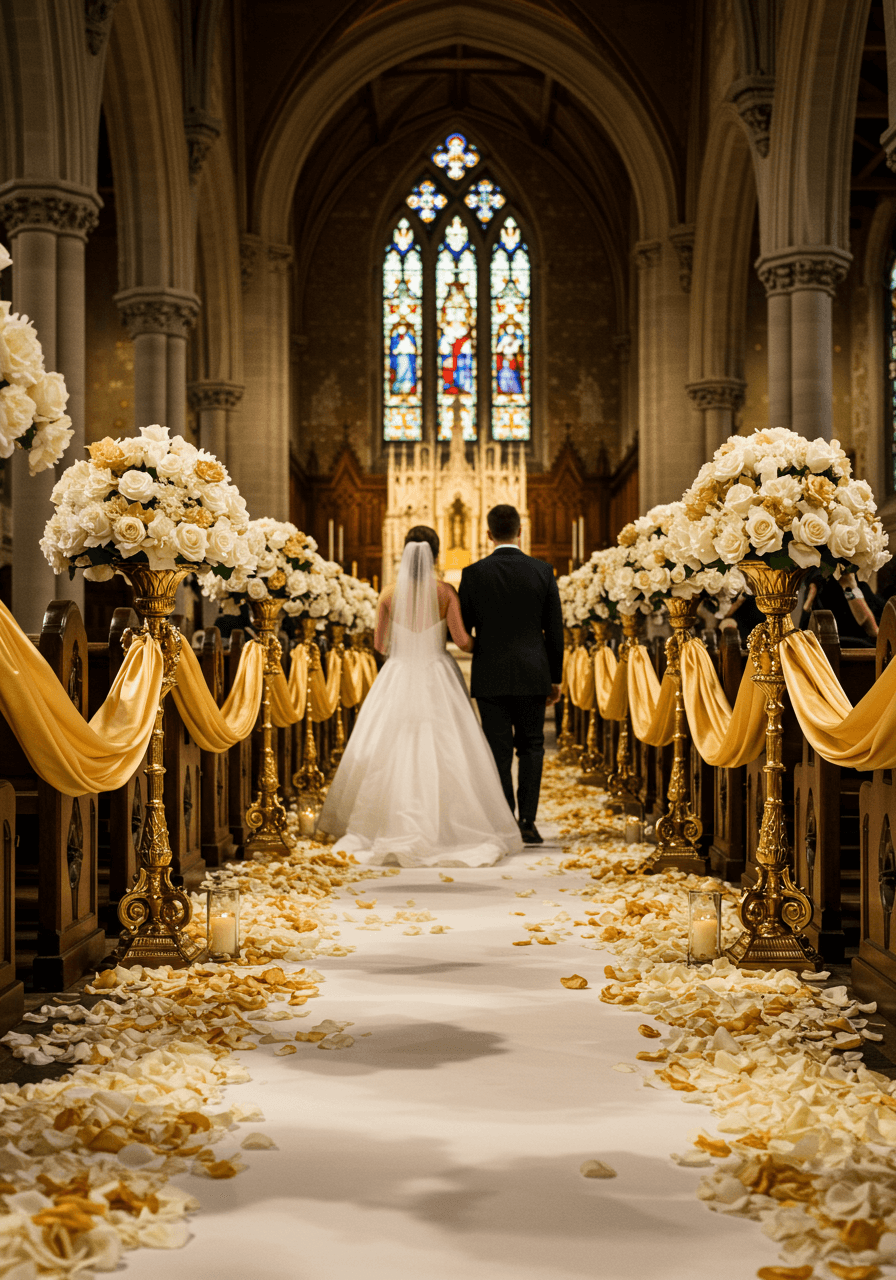Bride and groom walking down church aisle lined with elaborate gold pedestals holding cascading rose petals with golden fabric draping between pews
