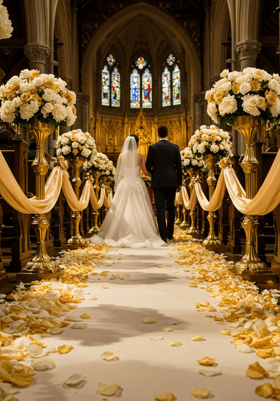 Low angle view of couple on ceremonial aisle decorated with lustrous gold pedestals and scattered ivory and gold rose petals on white runner