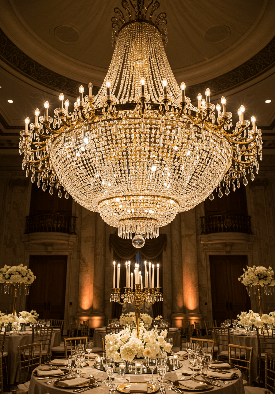 Close-up of crystal and gold chandelier with ornate metallic details suspended above elegant round dining table in luxury ballroom