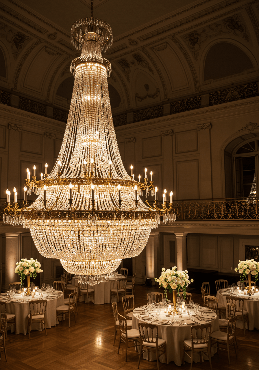 Low angle overhead view of magnificent chandelier with Austrian crystals casting sparkles and reflections across marble floors and white florals