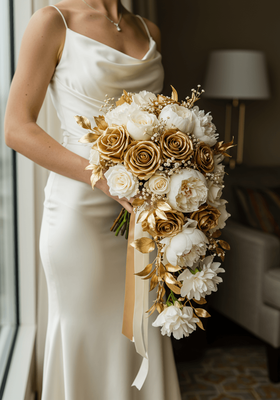 Bride holding cascading bridal bouquet of golden roses white peonies and gold-dusted baby's breath with metallic ribbon wrap