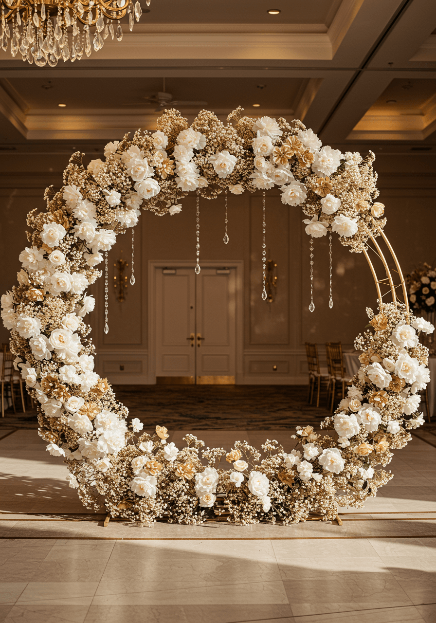 Wide view of complete circular gold wedding arch with metallic wire wrapping and crystal droplet accents in elegant venue