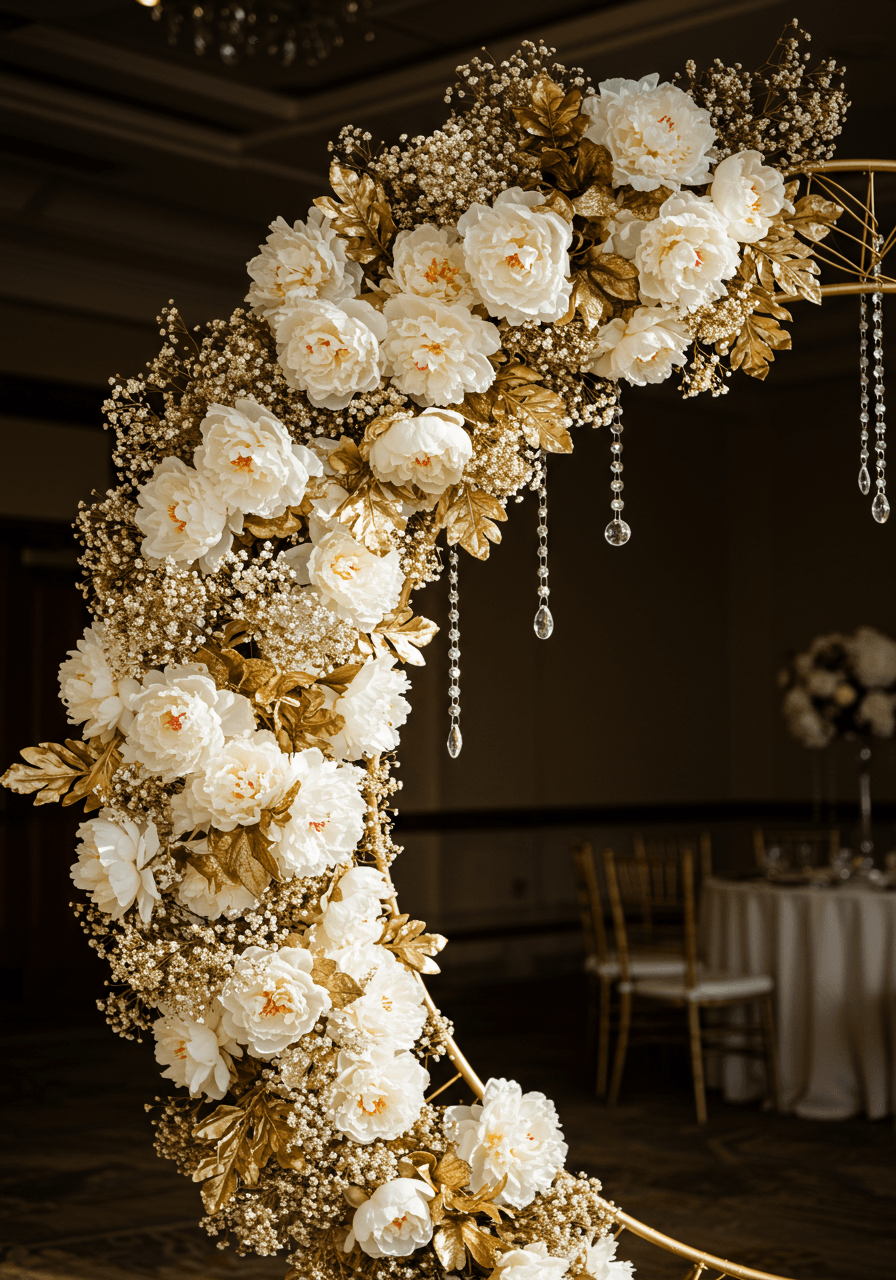 Close-up of white peony and gold-dusted baby's breath floral arrangement on circular wedding arch frame in luxury ballroom