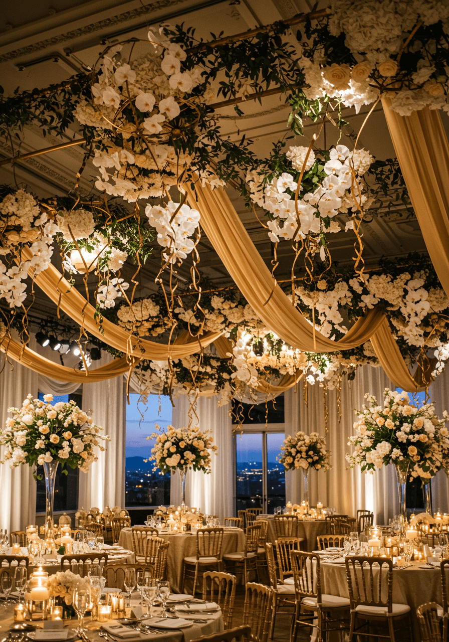 Ornate ceiling treatment with suspended white orchid arrangements and twisted gold metallic ribbons above luxury reception tables at twilight