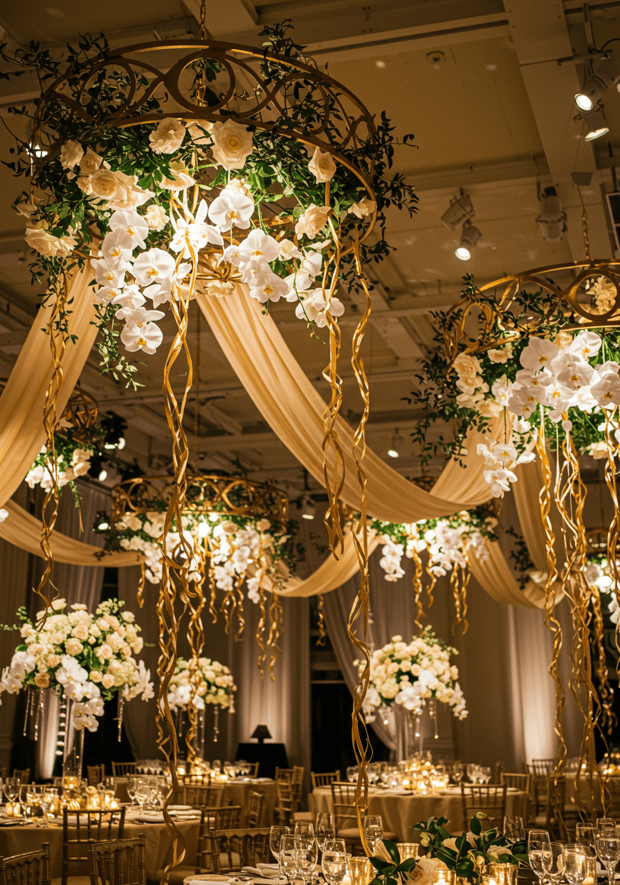 Close-up of hanging floral arrangement with champagne gold metalwork and flowing chiffon suspended from ballroom ceiling