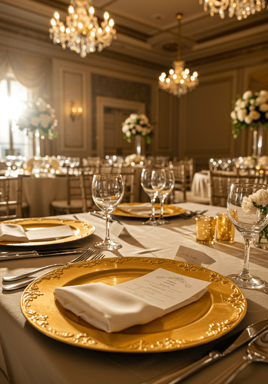 Elegant gold charger plates with intricate beaded rim details set with fine china and crystal stemware in luxurious ballroom reception