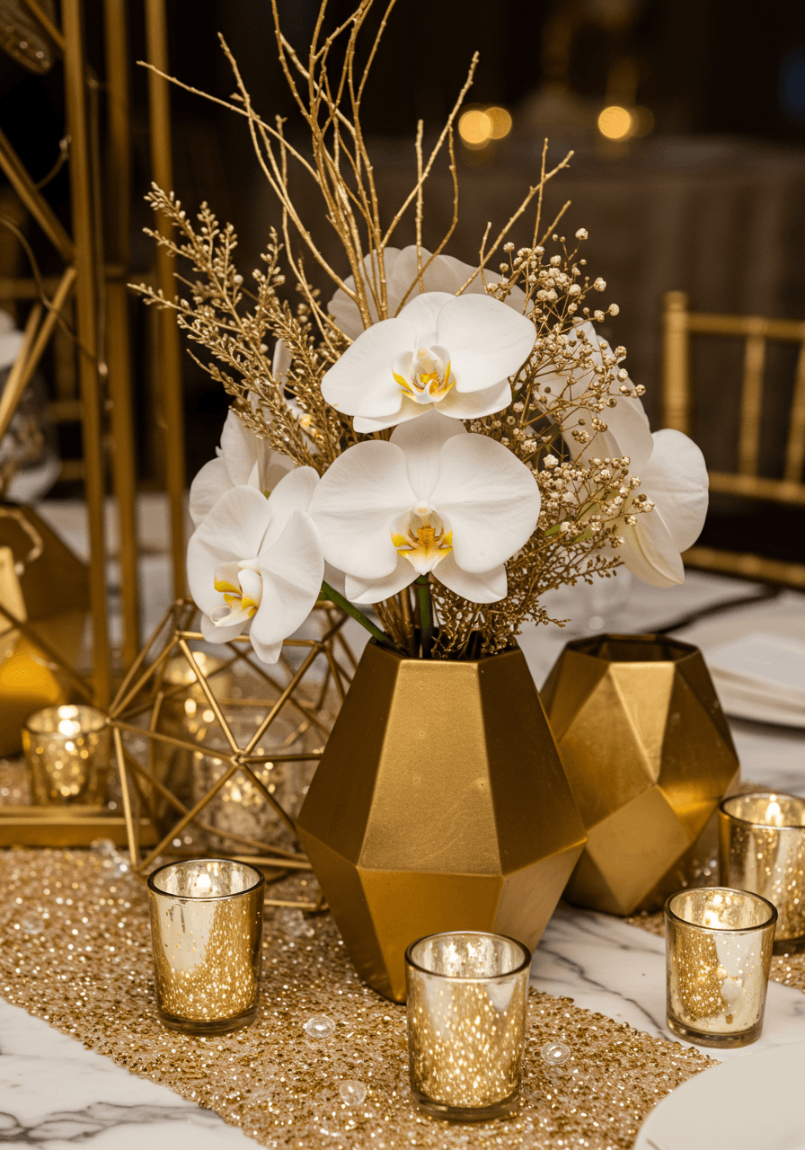 Ornate brushed gold geometric vase filled with white orchids and gold-dusted branches on elegant marble table