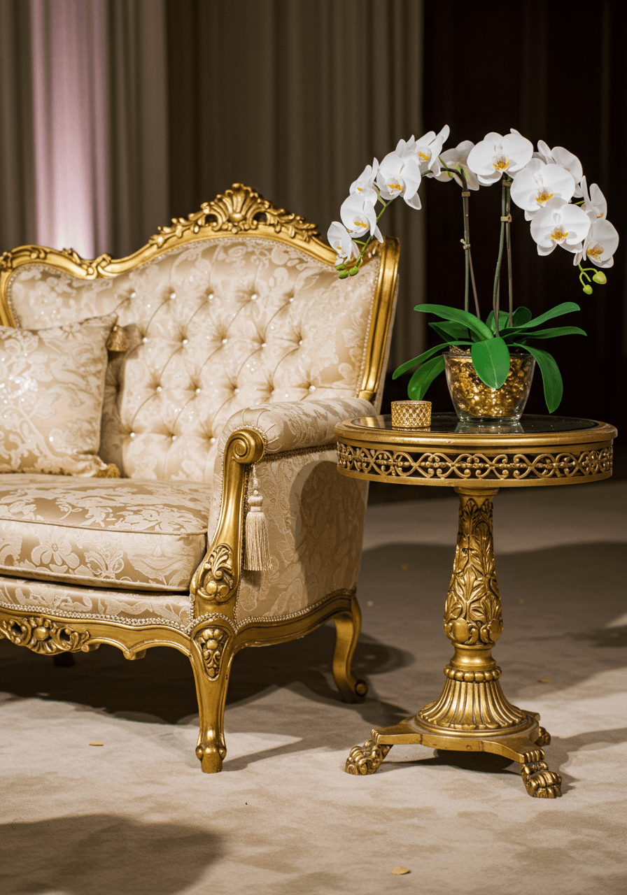 Wide angle of antique brass detailed armchair with silk tassels and gold leaf accents in elegant wedding venue lounge