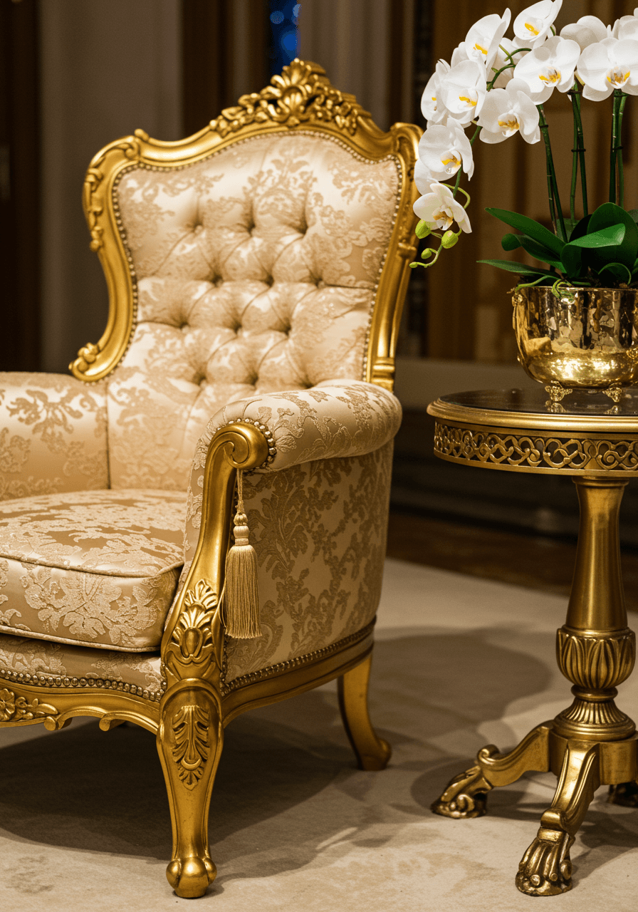 Ornate gold-framed vintage armchair upholstered in champagne brocade beside gilded side table with white orchids in luxury lounge corner