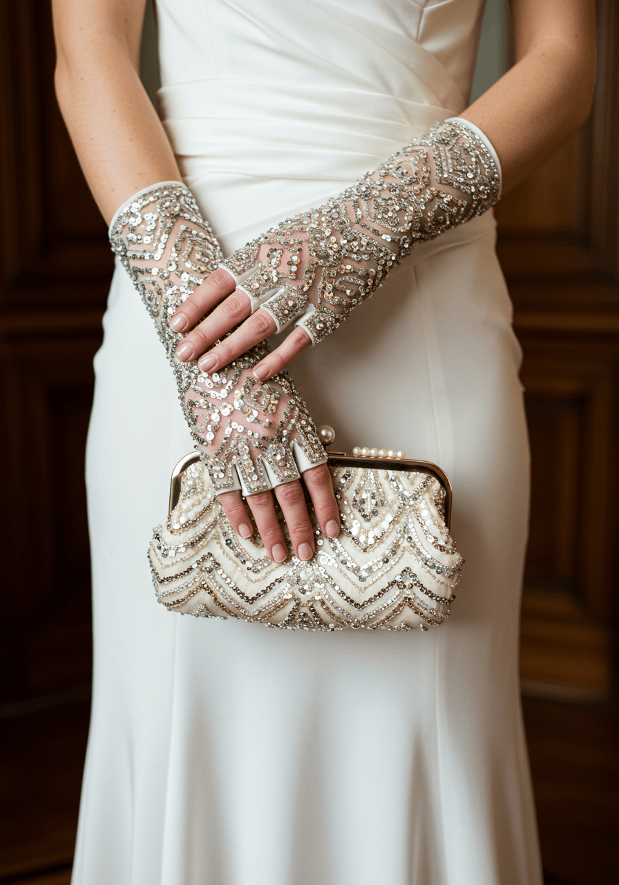 Bride's hands holding vintage pearl clutch whilst wearing ornate Art Deco sequined gloves in elegant mansion foyer