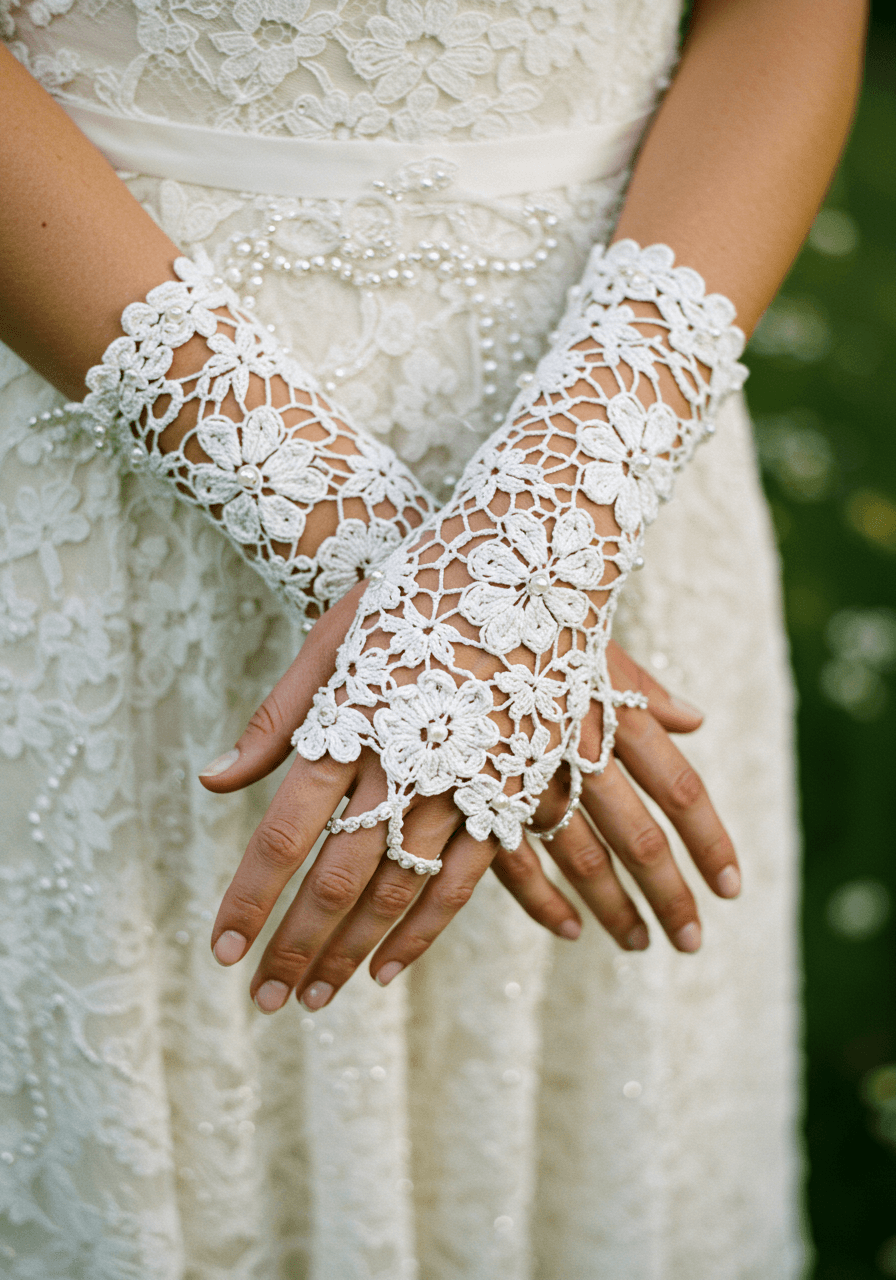 Bride's hands wearing white crochet fingerless gloves with intricate floral patterns resting on vintage lace dress in garden setting