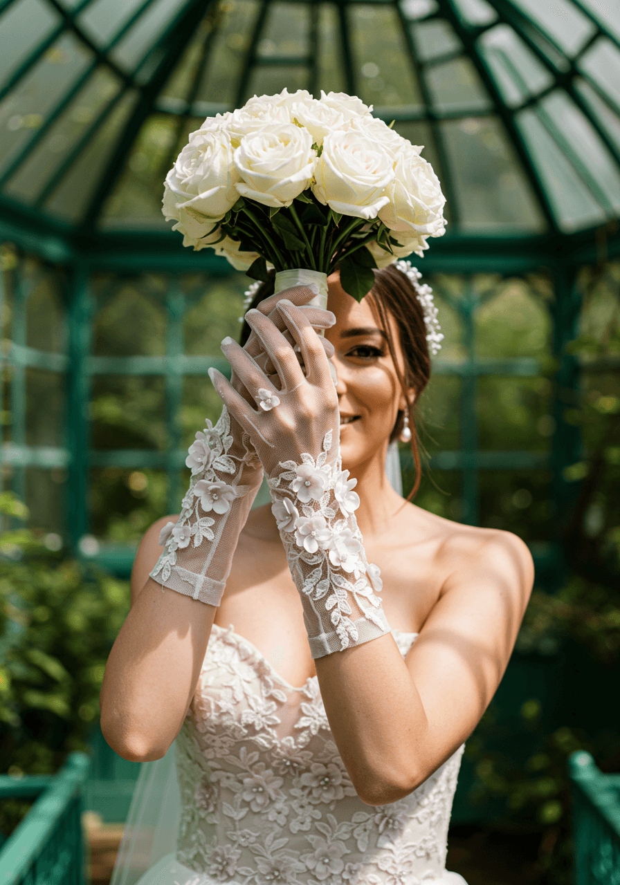 Medium shot of bride lifting bouquet whilst wearing short tulle gloves with embroidered floral details in golden hour light