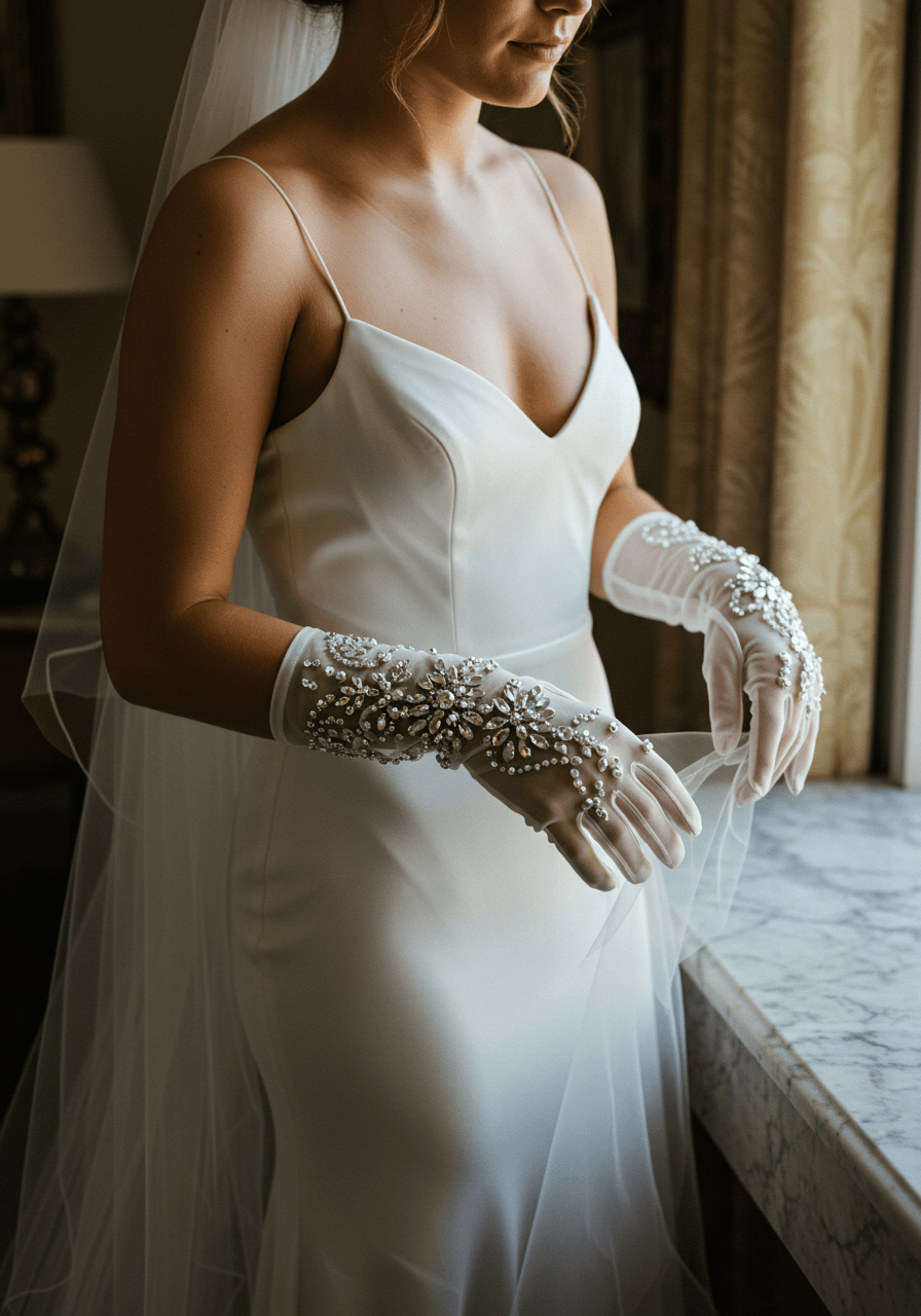Close-up of bride's hands in sparkling crystal gloves reaching for tulle veil in marble-accented suite