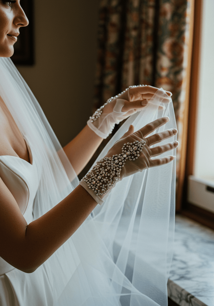 Bride wearing crystal-embellished stretch gloves adjusting veil in elegant bridal suite with soft natural lighting