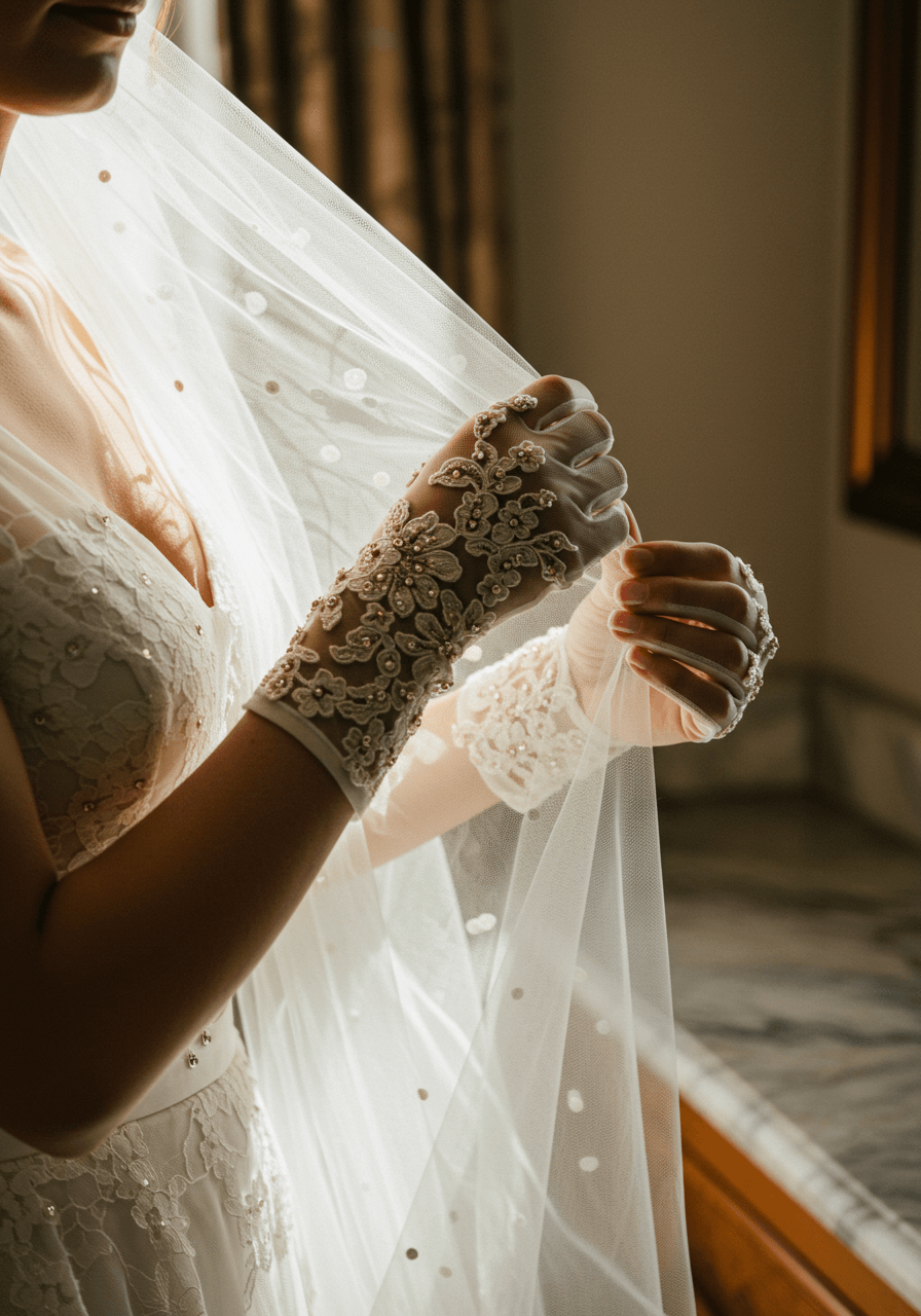 Medium shot of bride in ivory gown showcasing elbow-length gloves with gold threading and flowing cathedral veil