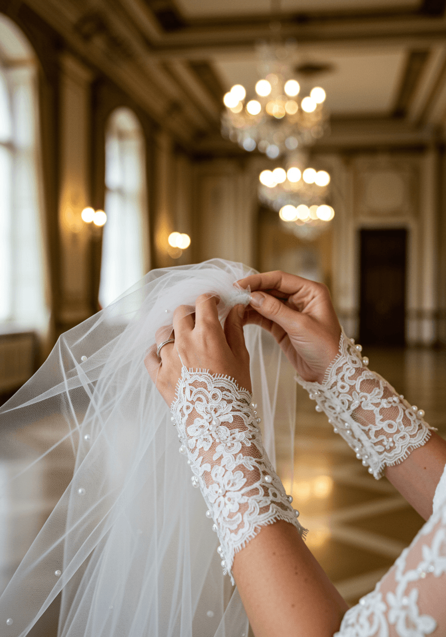 Bride adjusting flowing cathedral veil while wearing fingerless lace gloves in grand ornate ballroom setting
