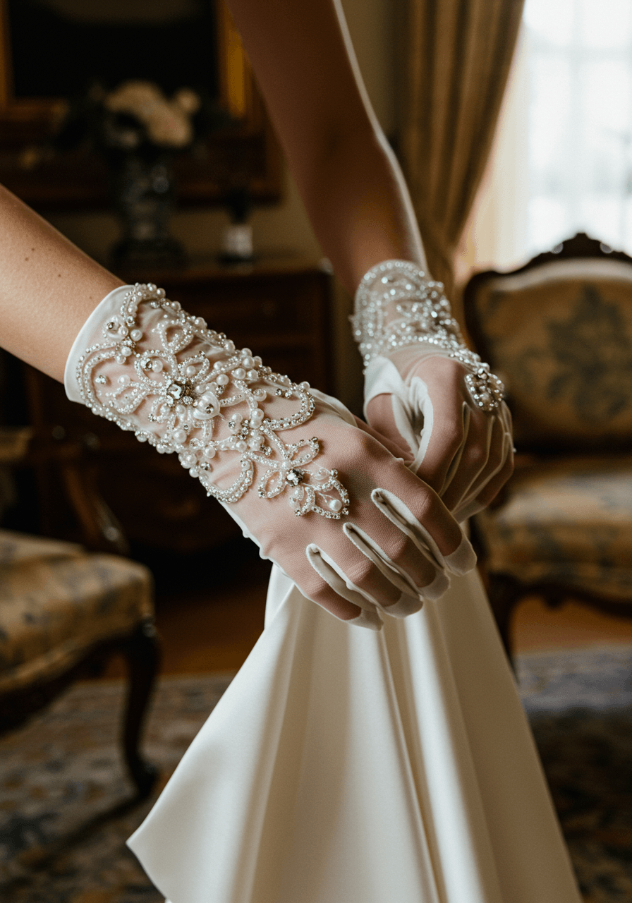 Bride's hands adjusting dress whilst wearing beaded elbow-length gloves with pearl and crystal details in ornate mansion parlour