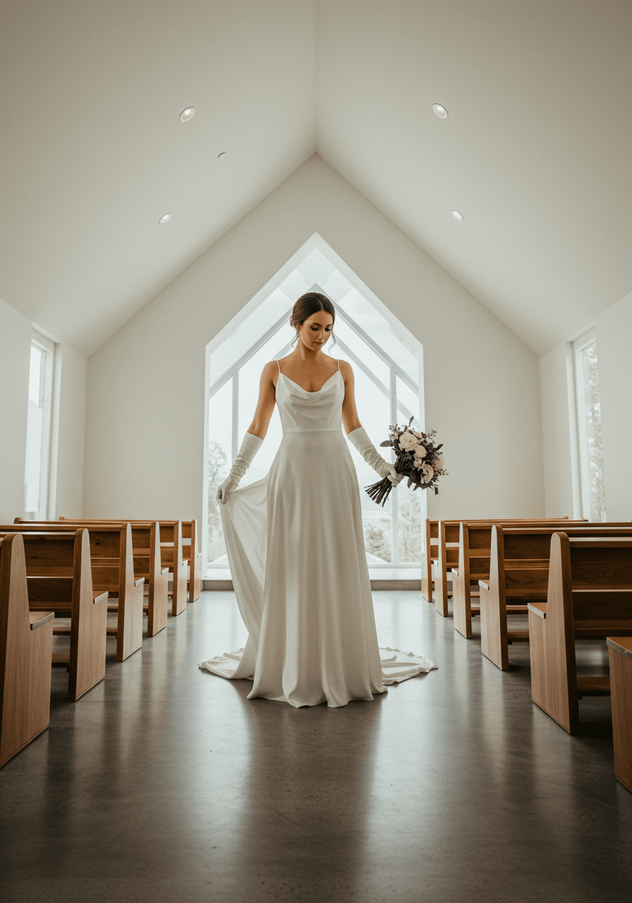 Wide geometric view of bride wearing leather gloves in contemporary chapel with floor-to-ceiling windows