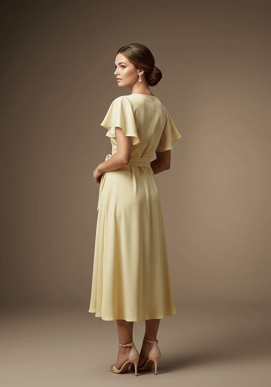 Model in pastel yellow silk flutter sleeve wrap dress with delicate movement