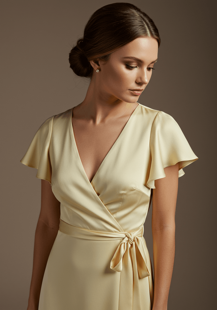 Close-up detail of flutter sleeves in pastel yellow silk fabric