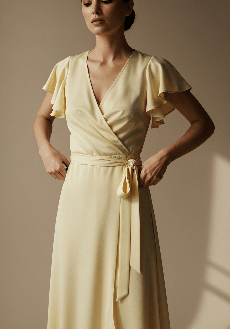 Side view of flutter sleeve dress showing graceful silhouette and fabric flow