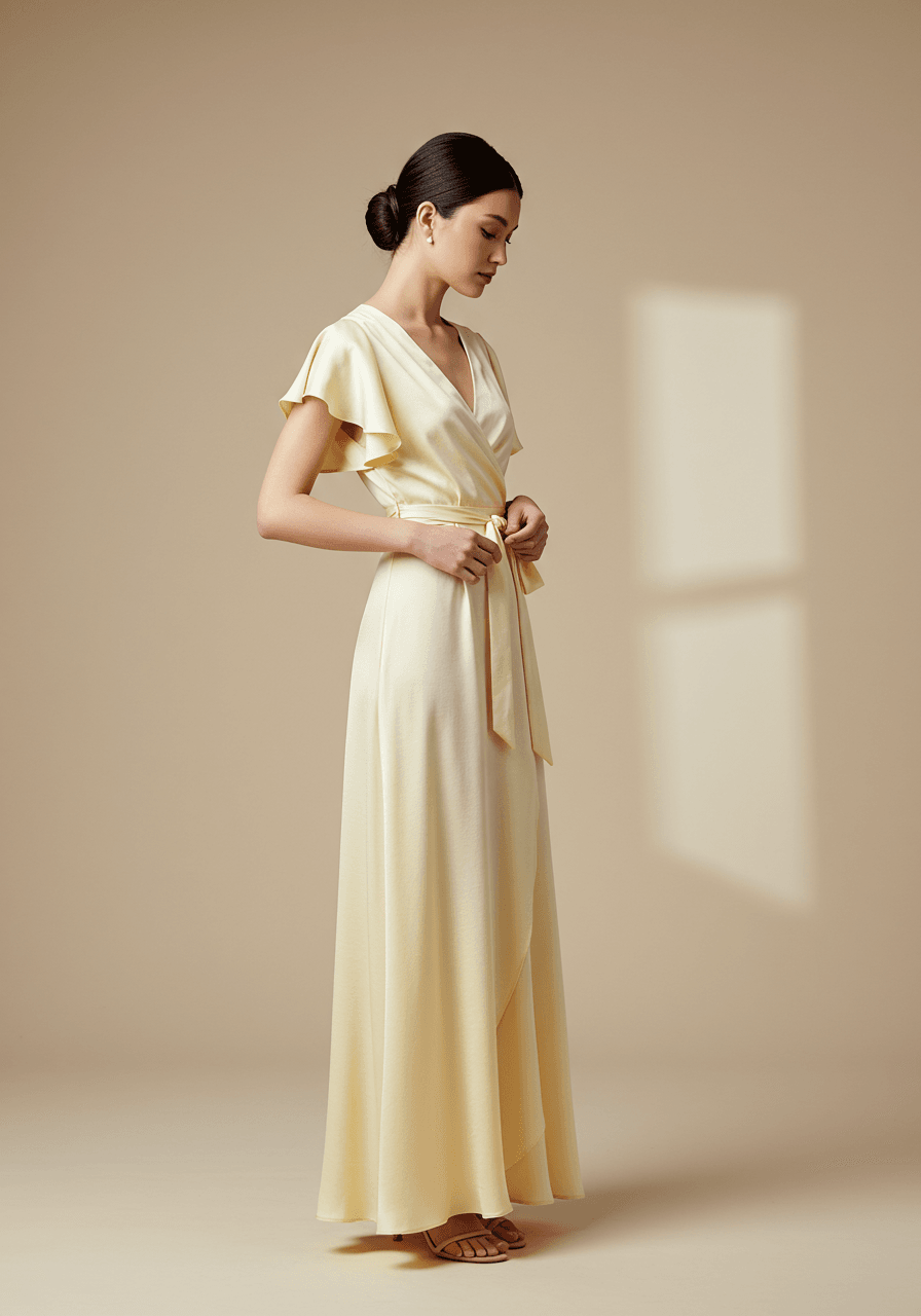 Model adjusting wrap tie detail on pastel yellow flutter sleeve dress