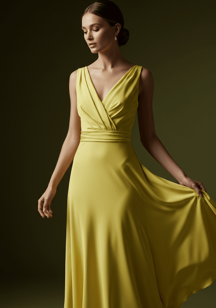 Close-up of model touching buttercup silk fabric showing texture and drape