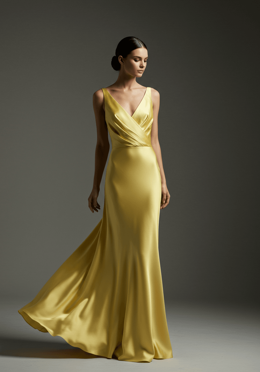 Model in elegant buttercup yellow silk V-neck bridesmaid dress in studio setting
