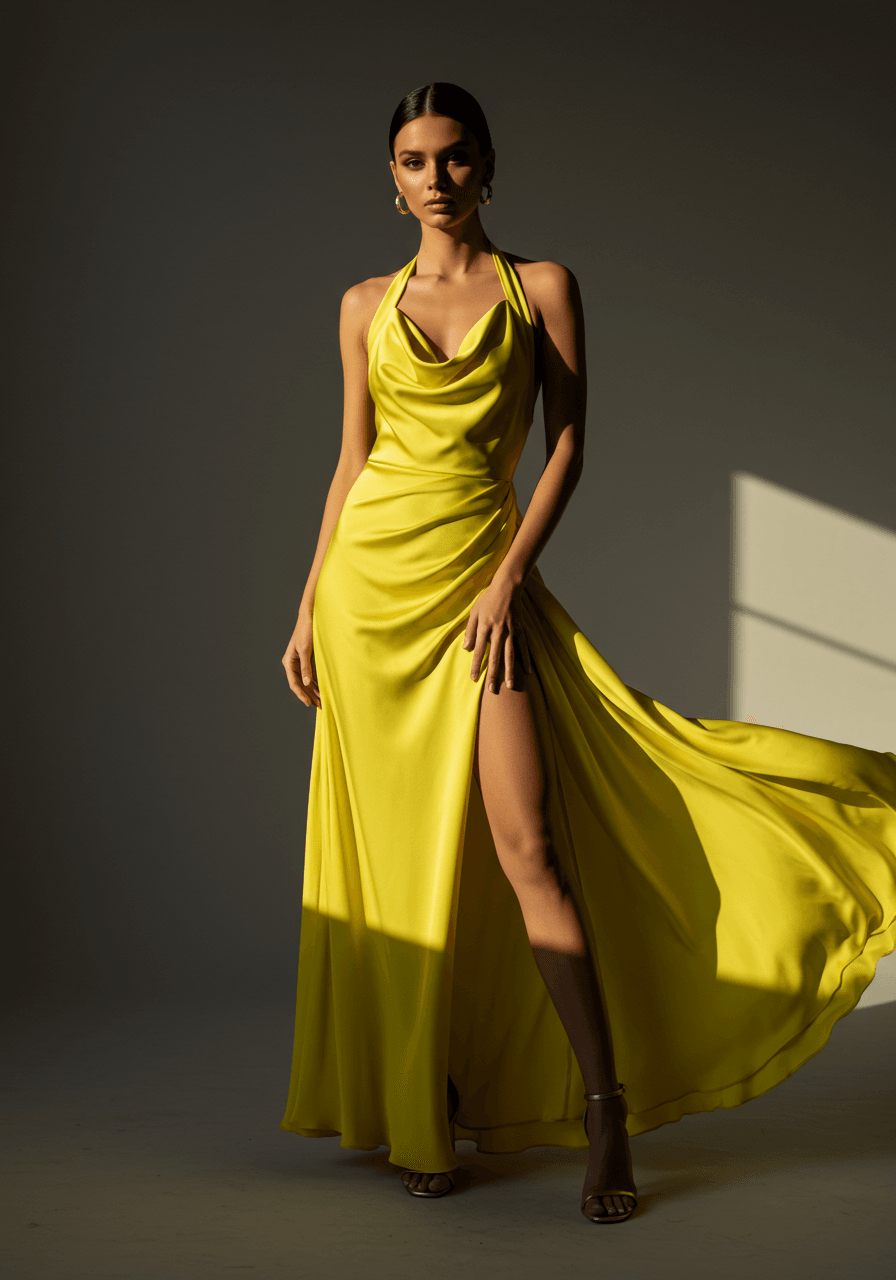 Model in canary yellow halter gown with dramatic thigh-high slit