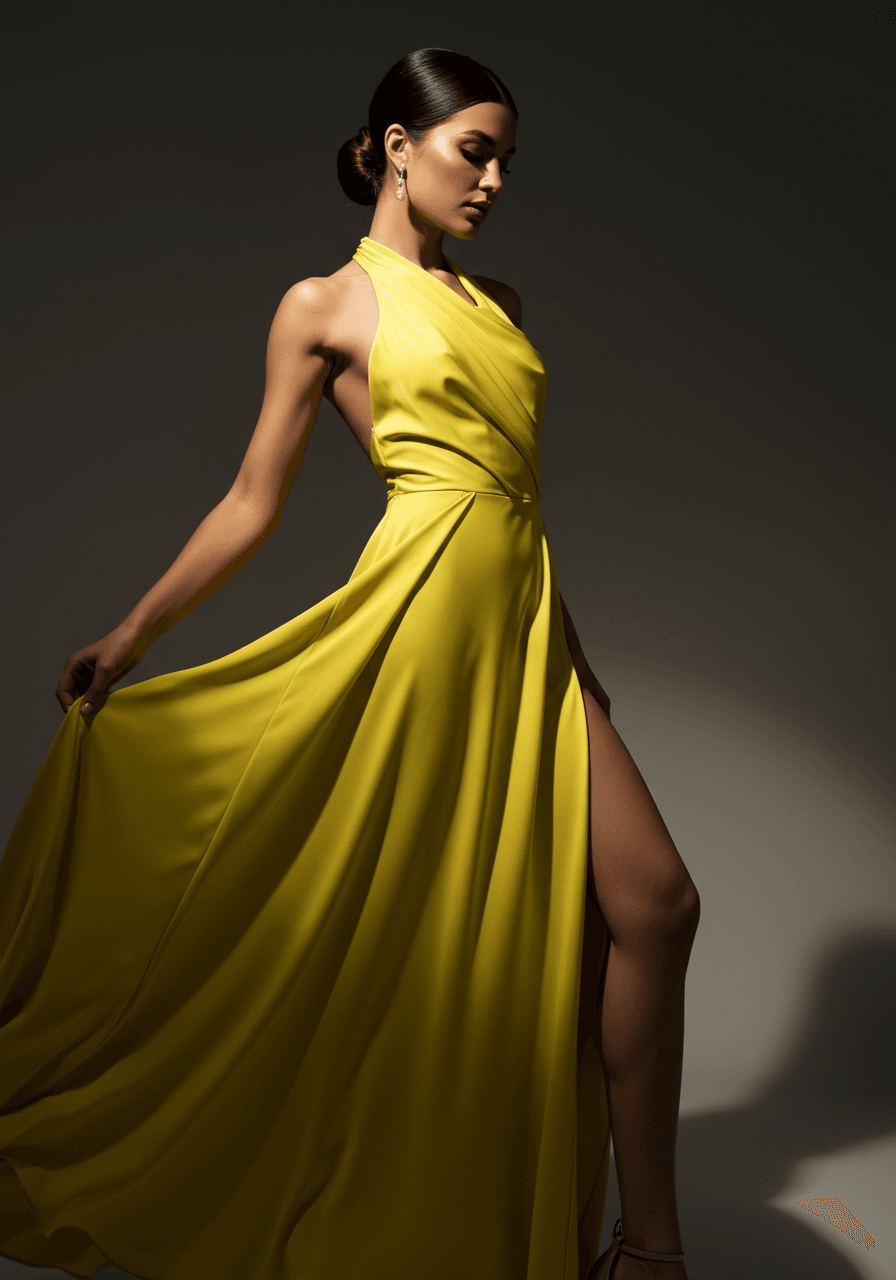 Model adjusting flowing skirt of canary yellow halter dress