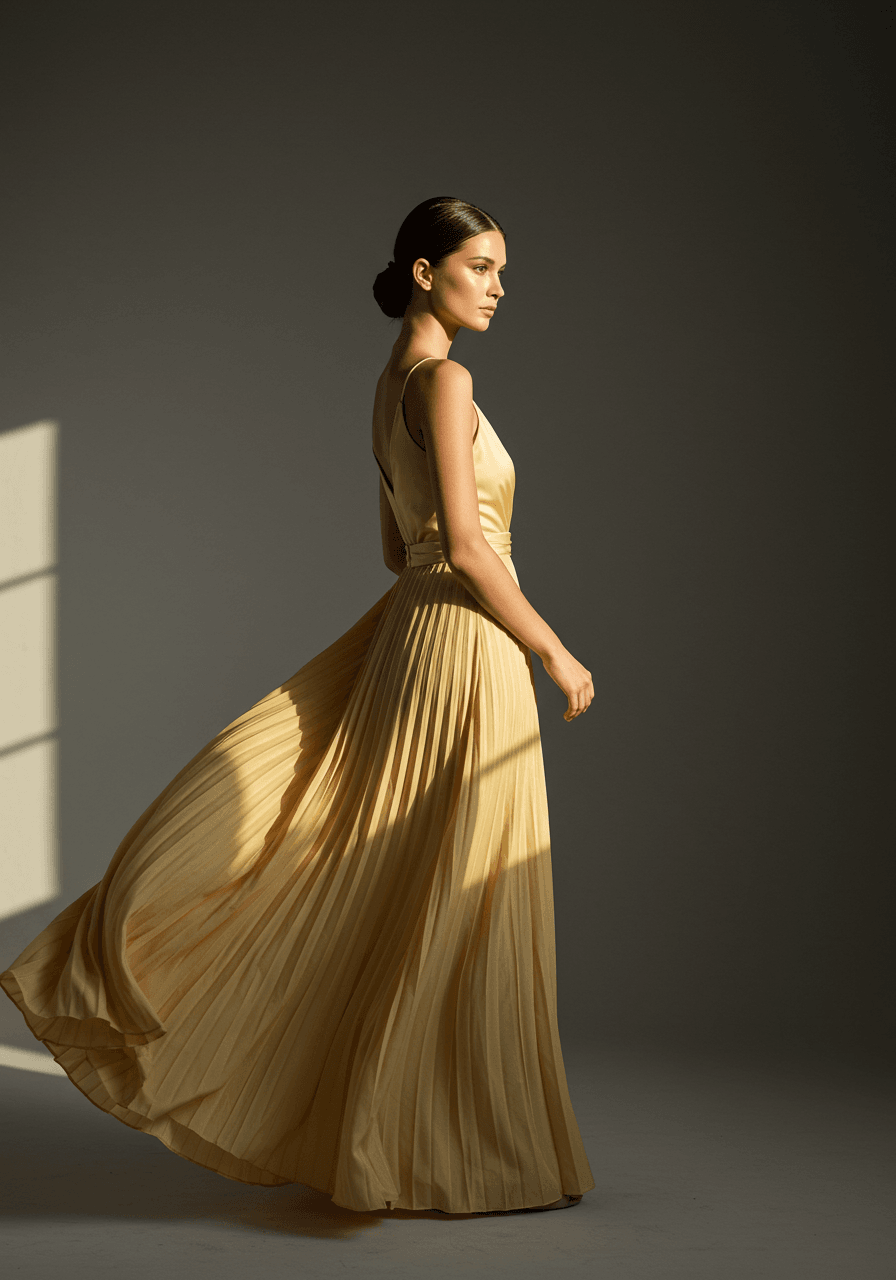 Model in champagne yellow pleated maxi dress showing flowing movement