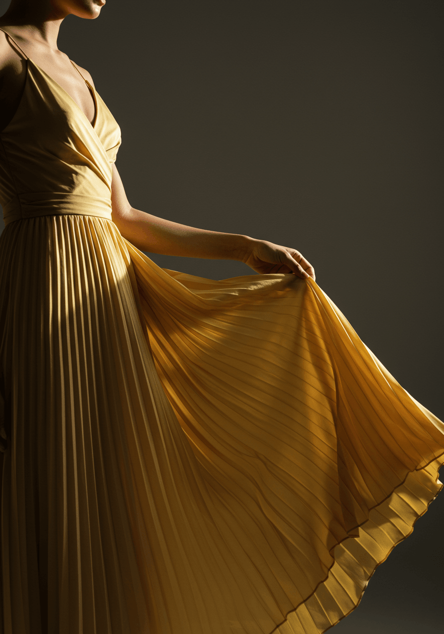 Close-up of model touching pleated fabric showing texture and detail