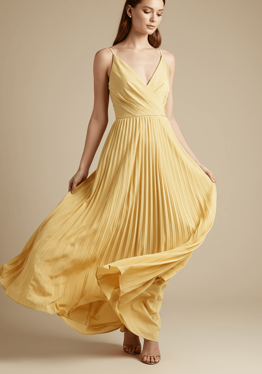 Model with arms gracefully positioned showing pleated maxi dress silhouette